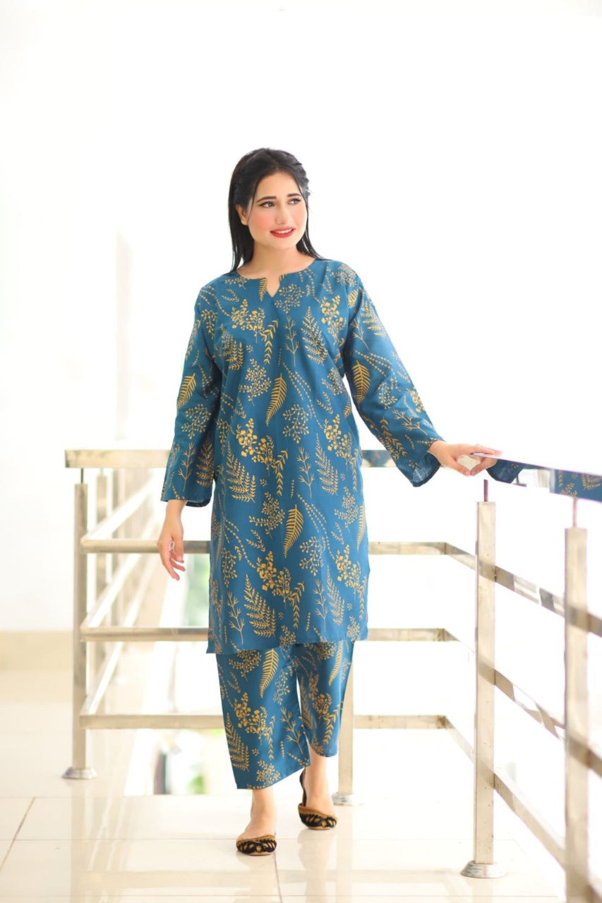 Leaf Print Linen 2Pcs Suit